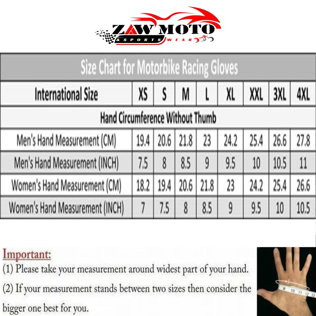 Zaw Gloves Size Chart